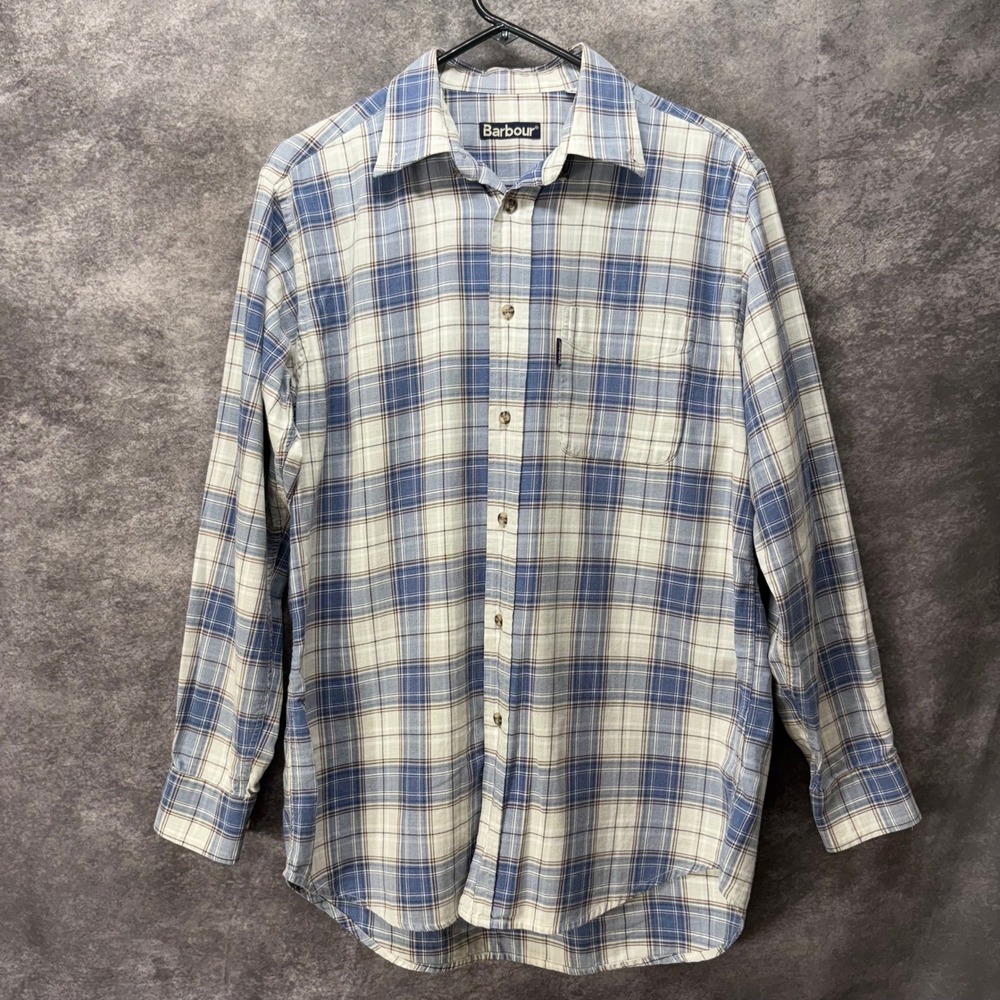 Barbour Plaid Button Down Shirt Mens Size M Blue White Cotton Long Sleeve